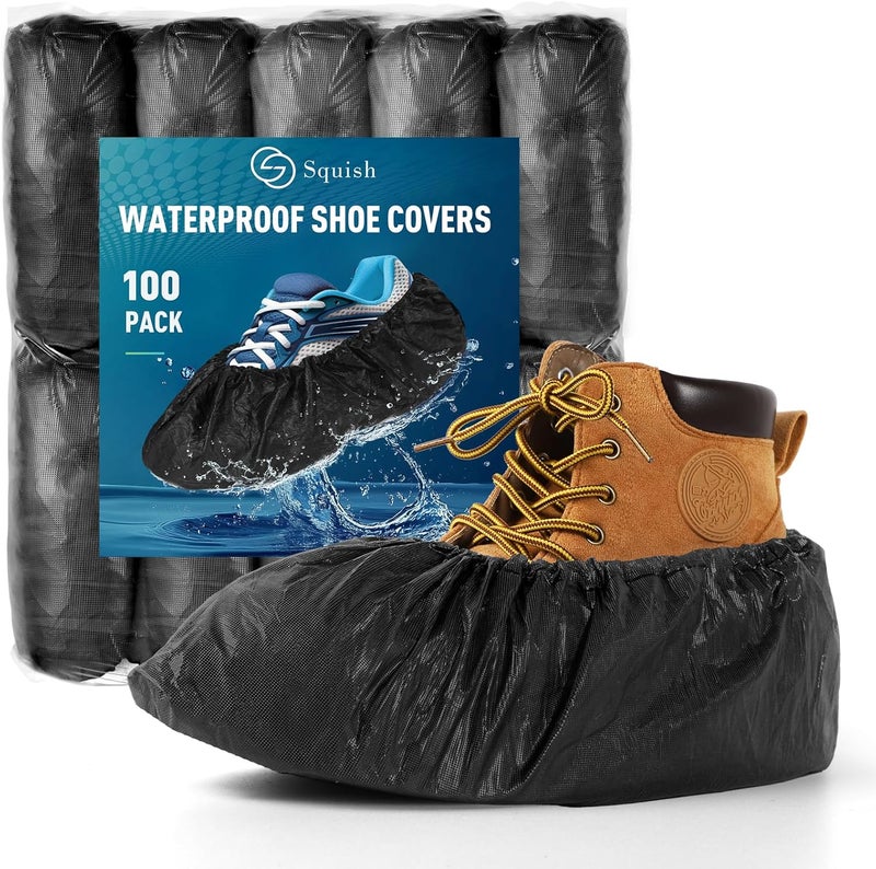 squish Shoe Covers Disposable Non-Slip, 100 Pack 6g Thick Booties Cover, Waterproof Slip Resistant Disposable Shoe Covers Durable Protector Covers for Indoors and Outdoors Fit Up to 13 Size (Black) - Image 1